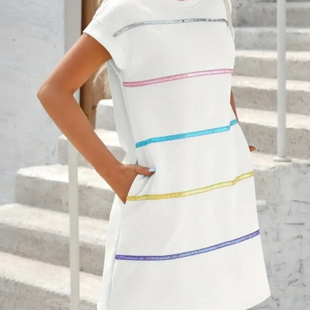 Elegant White Dress with Colorful Stripes - Picture 1 of 4
